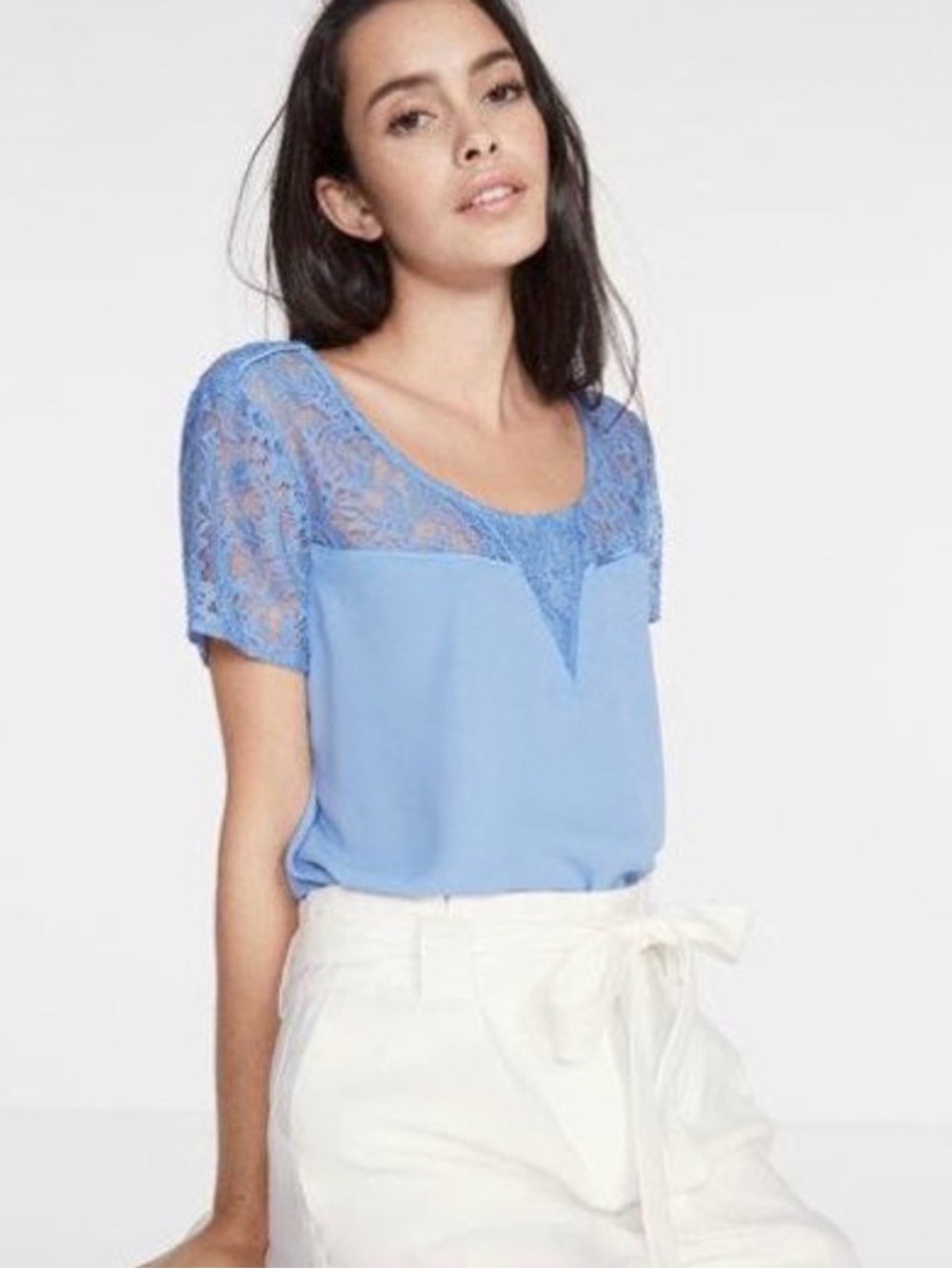 Express Blue Lace Yoke Short Sleeve Top XS